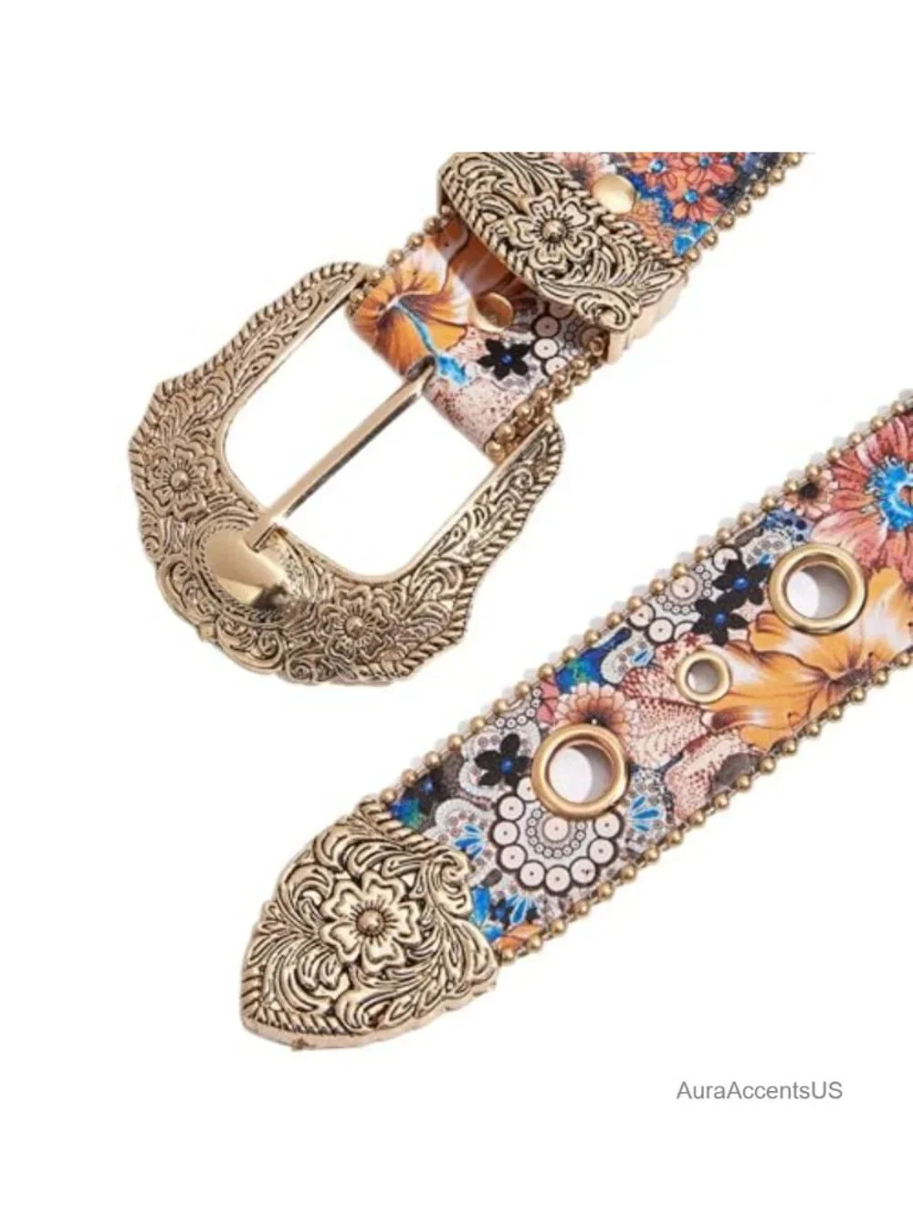 Vintage Western Belt Faux Leather Floral Carved Buckle Cowgirl Waist